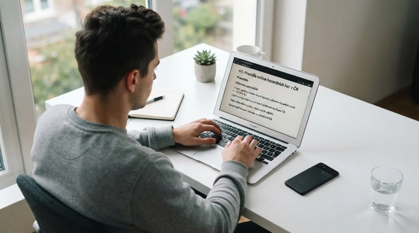 Člověk u notebooku čte informační stránku o online hazardu v Česku — 50, 100, 150, 200 free spins za první vklad