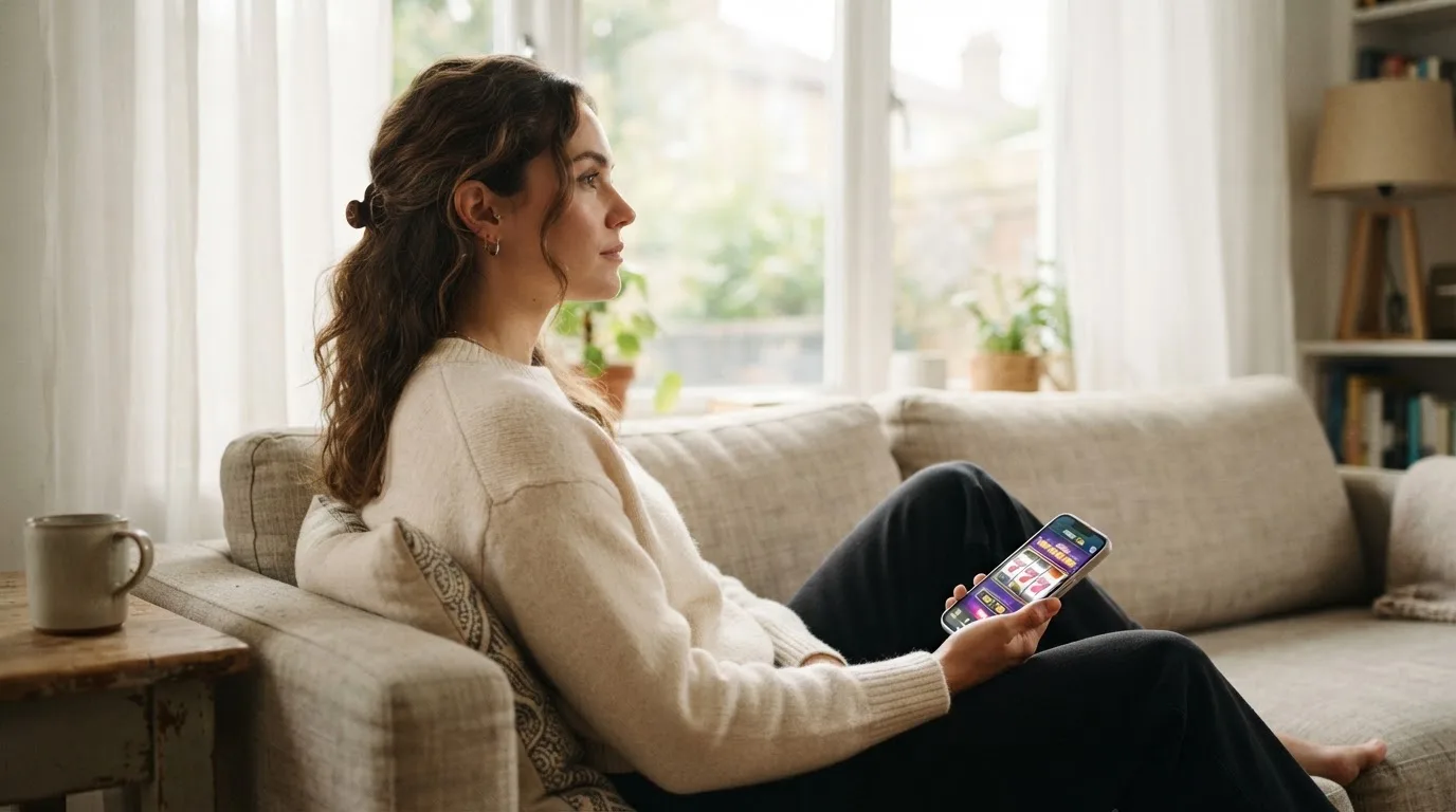 Žena v obývacím pokoji drží telefon a zamyšleně hledí z okna za dne.