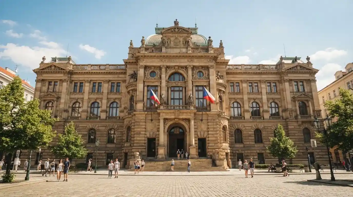 Historická úřední budova s vlajkami na slunečném náměstí — bonus za založení účtu casino