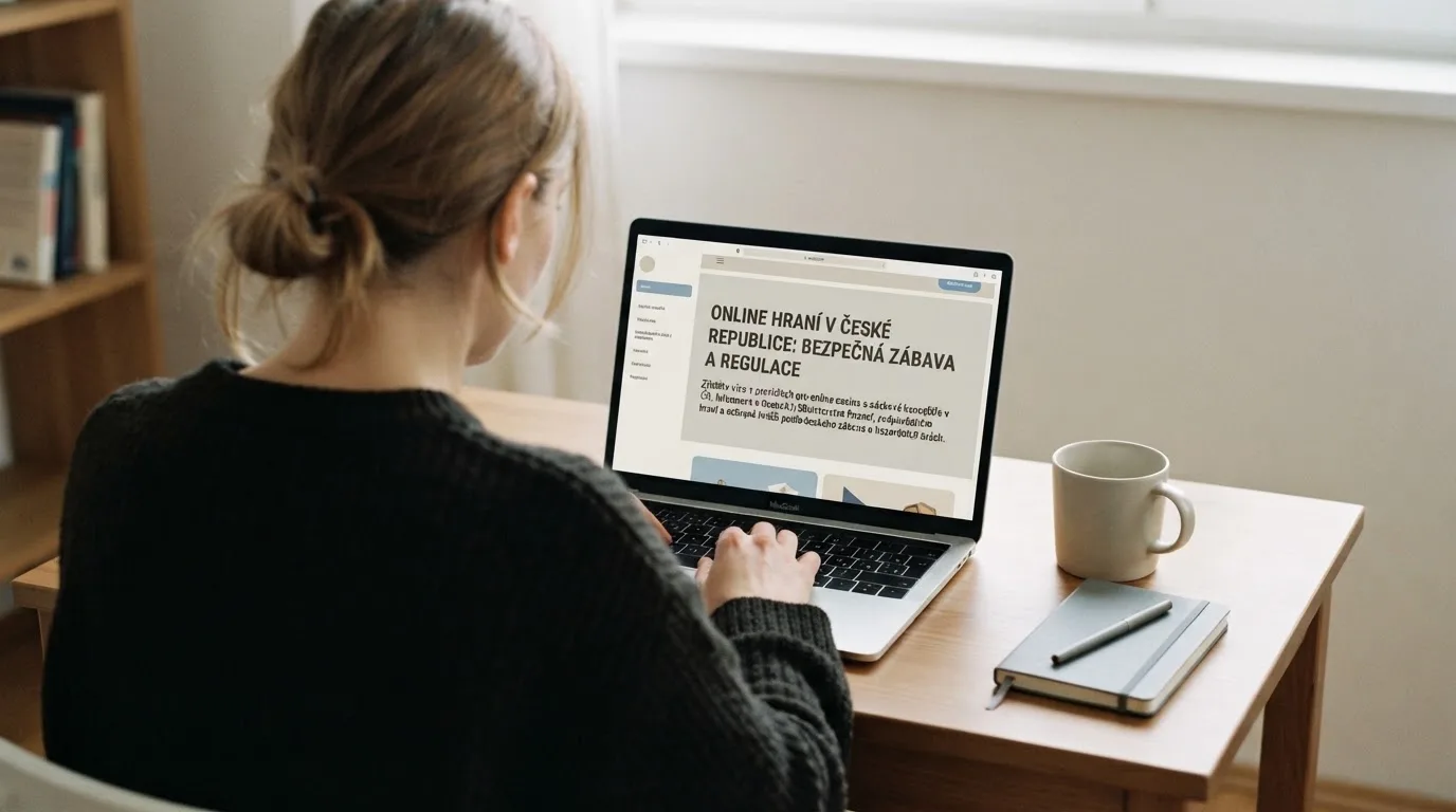 Člověk u notebooku čte informační stránku o online hazardu v Česku — casina online bez ověření totožnosti