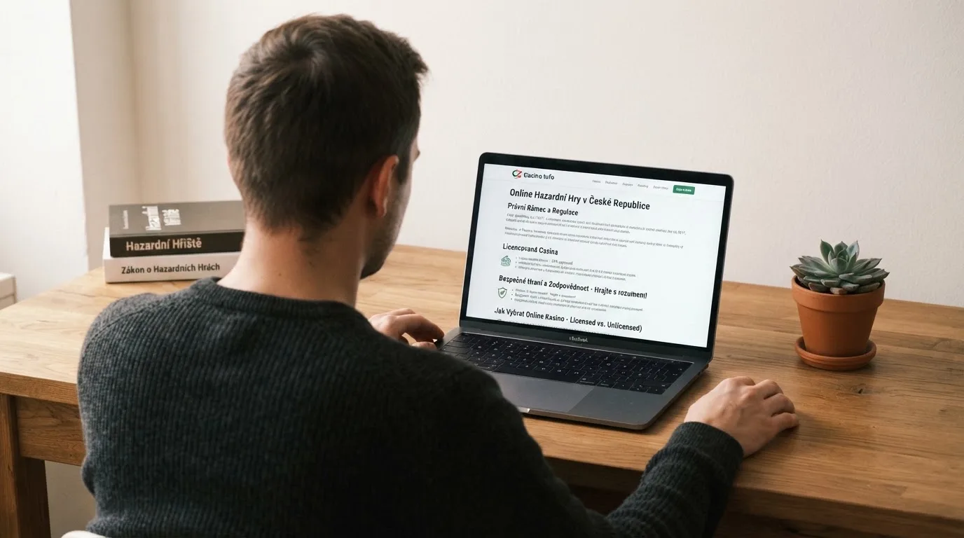 Člověk u notebooku čte informační stránku o online hazardu v Česku — casina promo kód bez vkladu