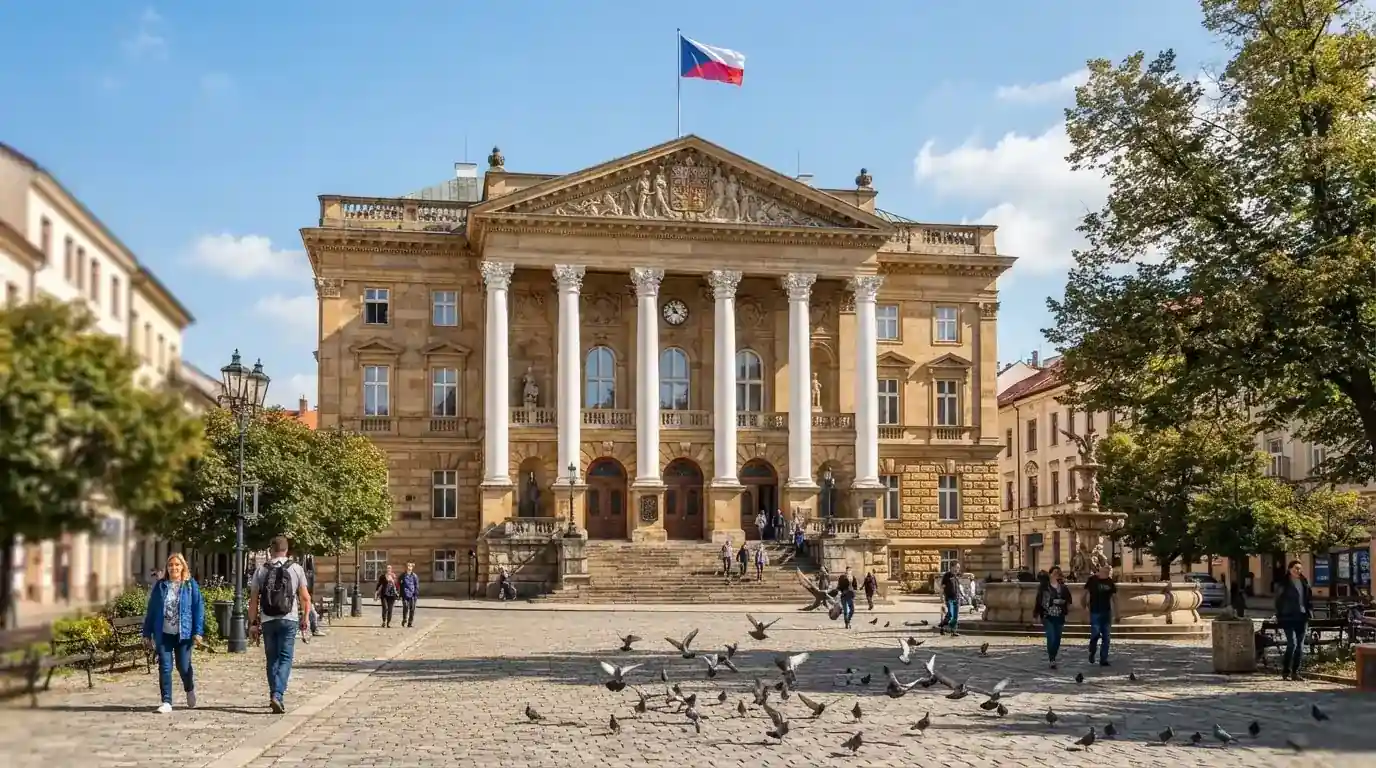 Kamenná budova se sloupy a vlajkou stojí na náměstí za slunečného dne.