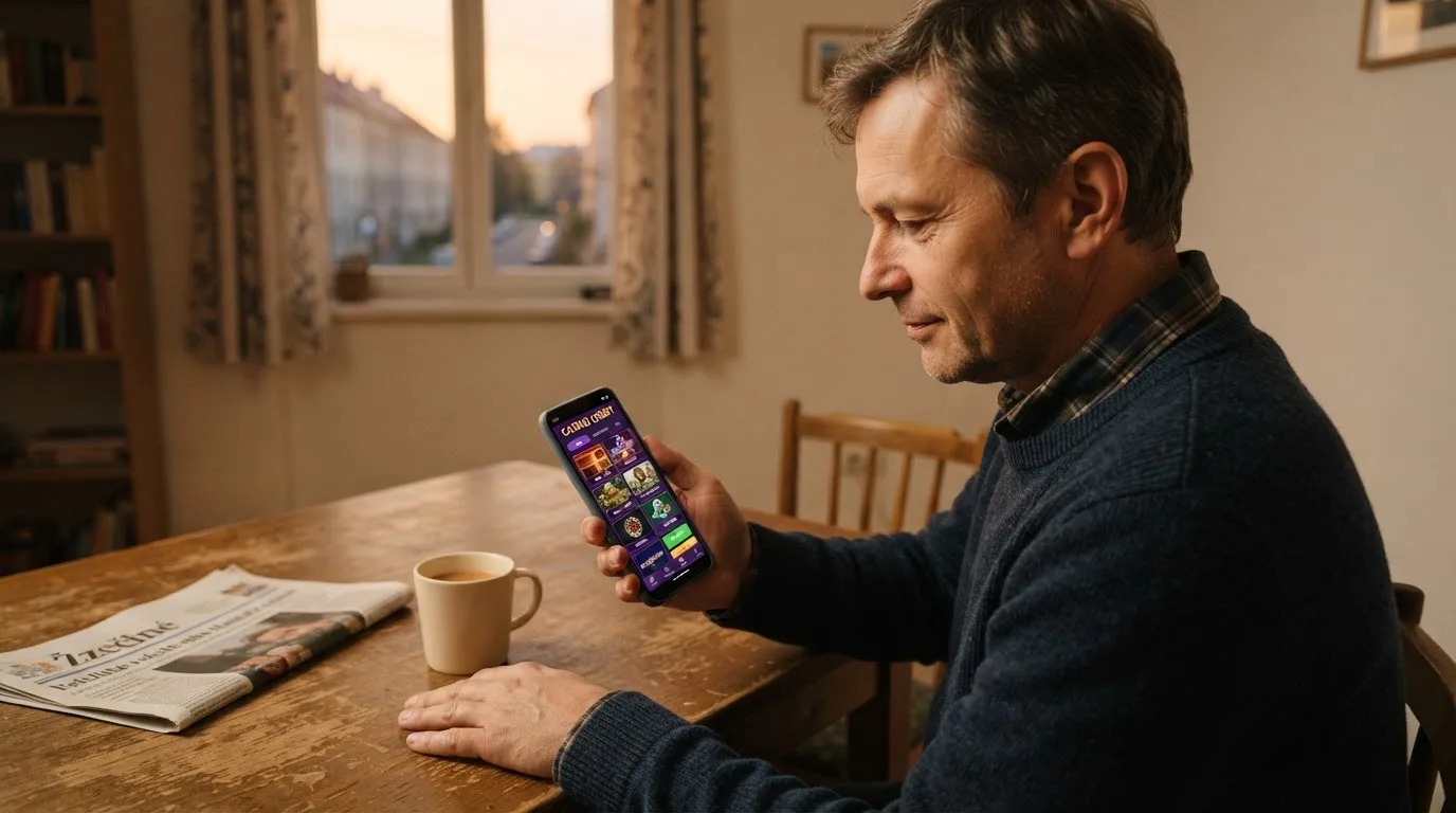 Muž sedí u stolu a poprvé otevírá aplikaci na chytrém telefonu v podvečer.