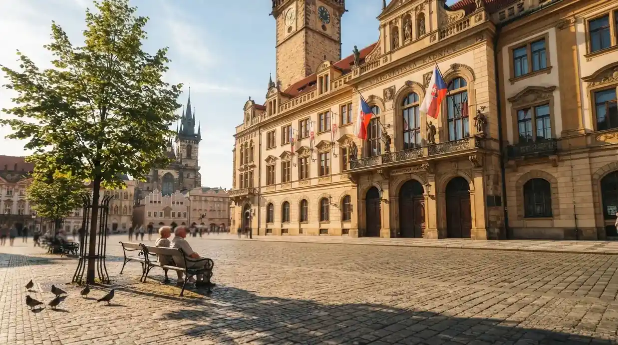 Historická úřední budova s vlajkami na slunečném náměstí — casino platba paysafecard