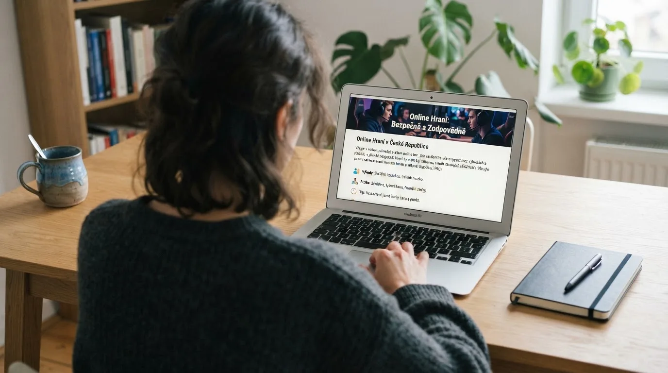 Člověk u notebooku čte informační stránku o online hazardu v Česku — hrací automaty hrací automaty zdarma online