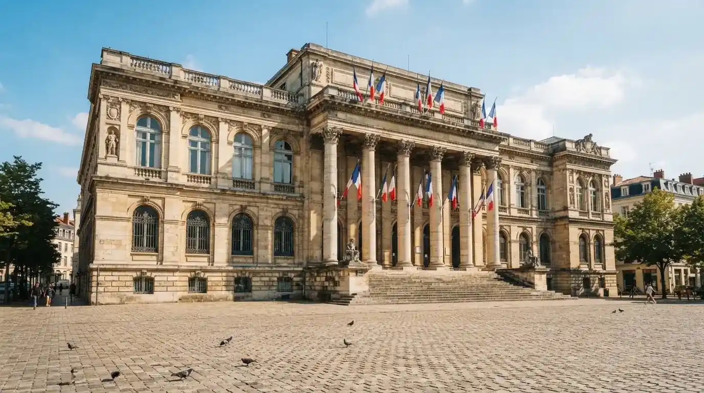 Historická úřední budova s vlajkami na slunečném náměstí — hrací automaty zdarma ke stažení