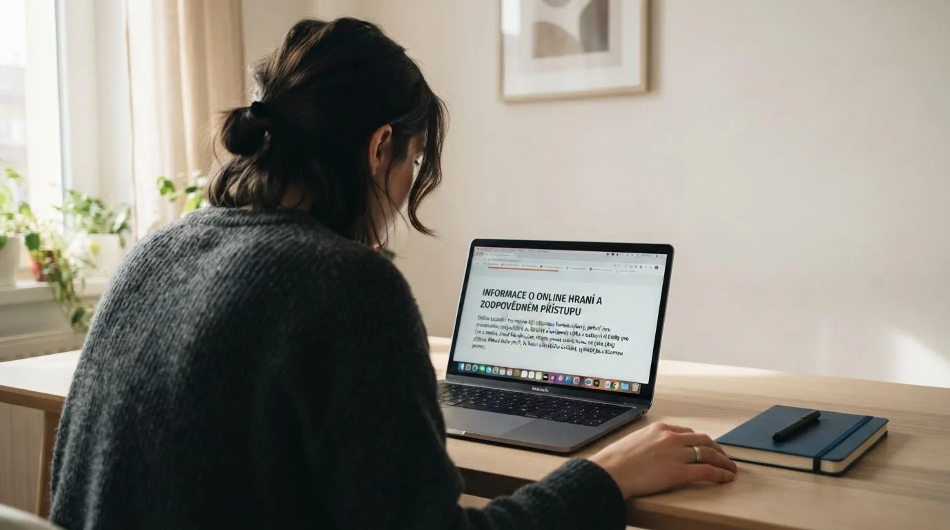 Člověk u notebooku čte informační stránku o online hazardu v Česku — hrací automaty zdarma ke stažení