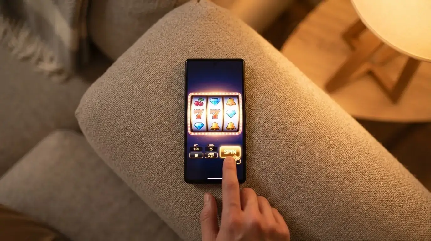 Muž sedí na gauči a poprvé otevírá herní aplikaci na chytrém telefonu.