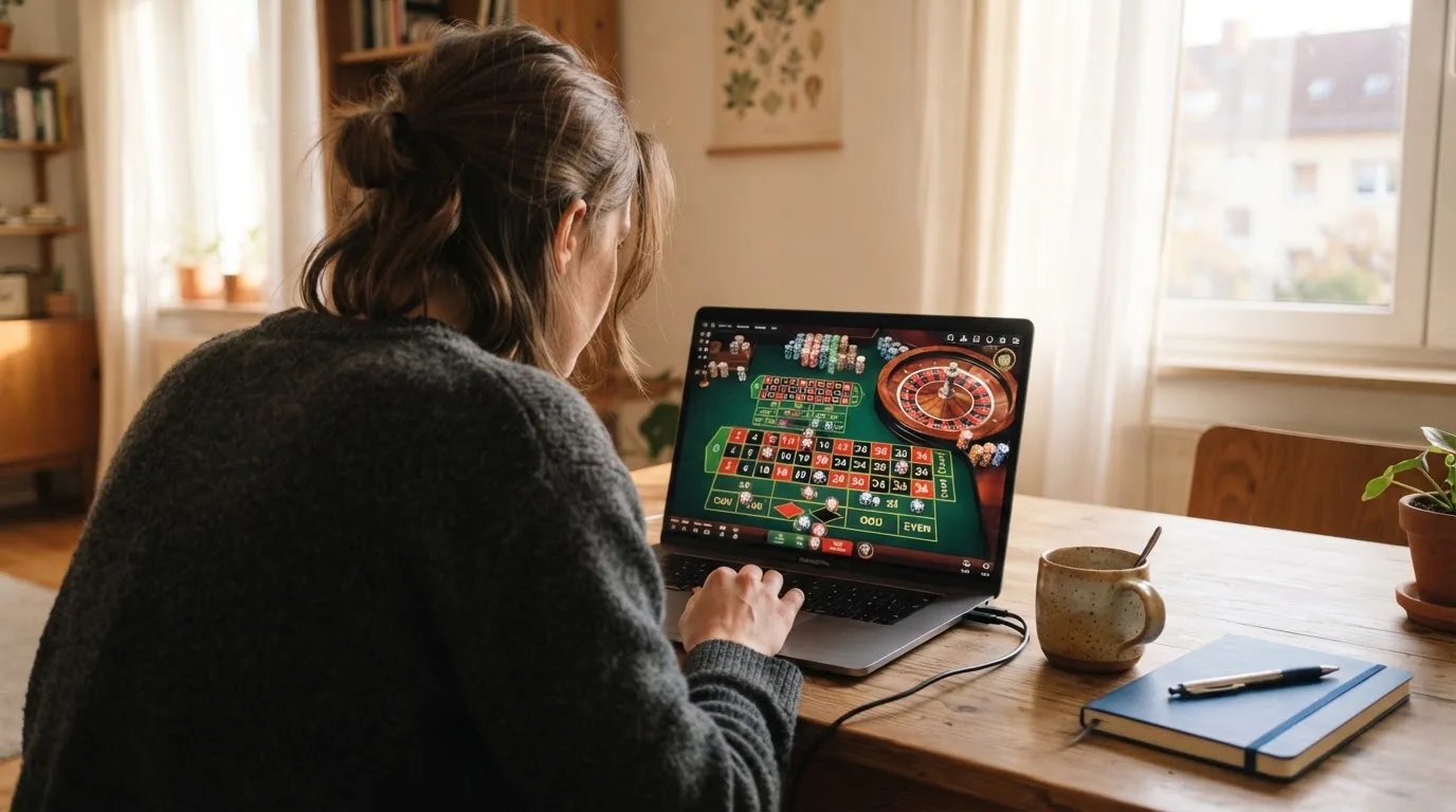 Člověk u notebooku čte informační stránku o online hazardu v Česku — live ruleta CZ s česky mluvícími krupiéry