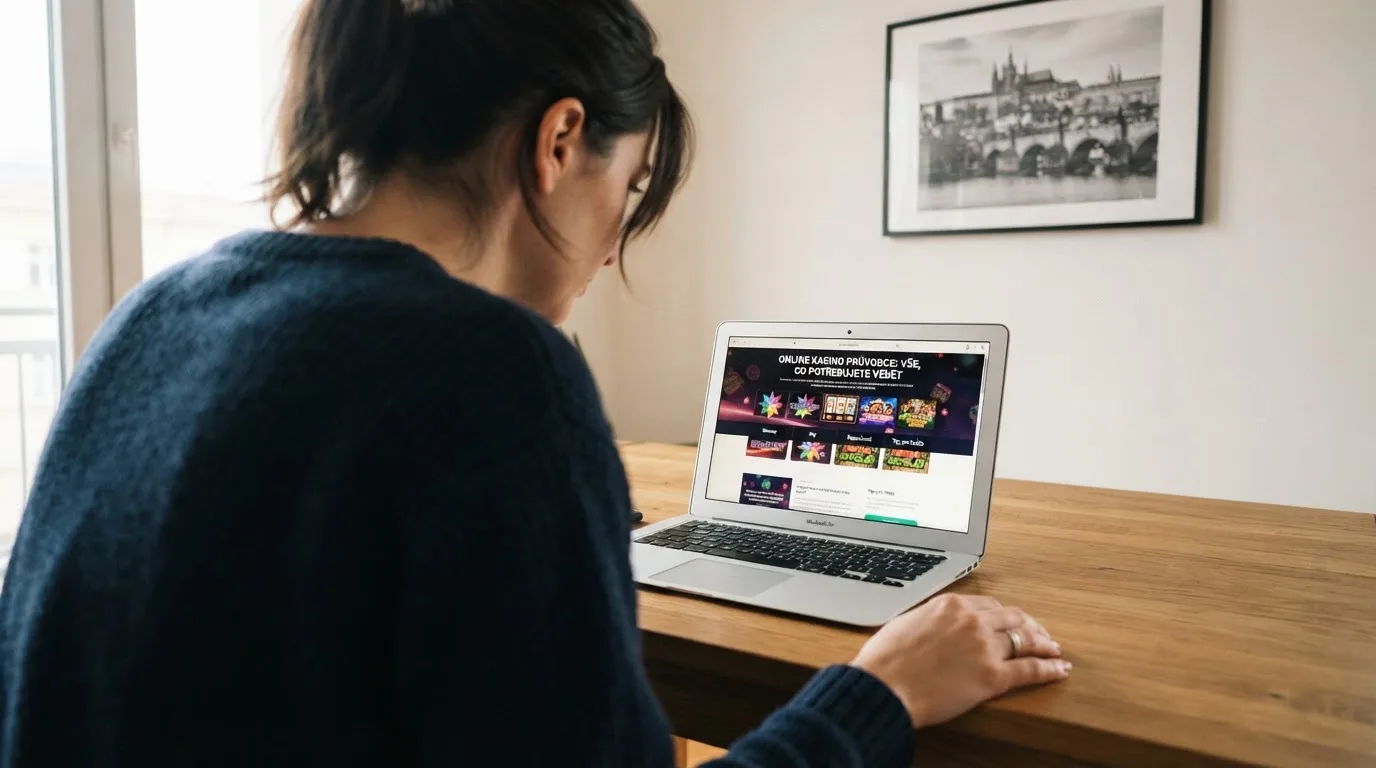 Člověk u notebooku čte informační stránku o online hazardu v Česku — nejlepší automaty online za peníze