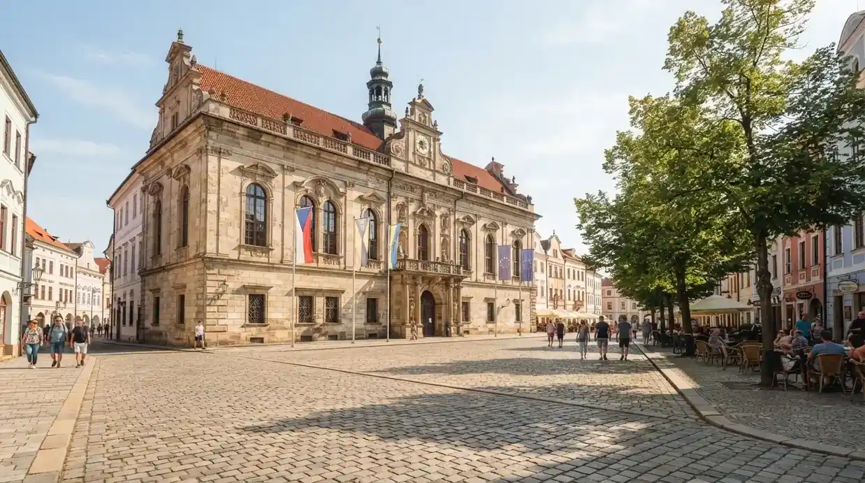 Historická úřední budova s vlajkami na slunečném náměstí — nejlepší krypto casino pro české hráče