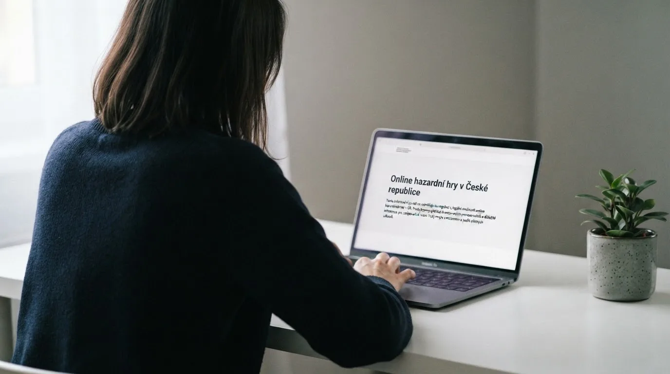 Člověk u notebooku čte informační stránku o online hazardu v Česku — nejlepší krypto kasina cz