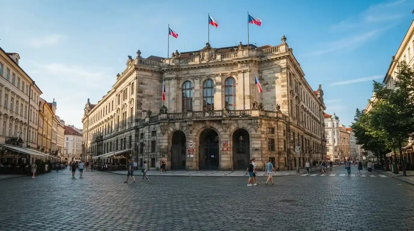 Historická úřední budova s vlajkami na slunečném náměstí — nejlepší mobilní online kasino česká republika