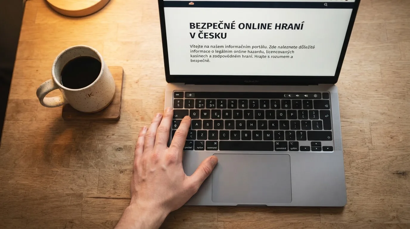 Člověk u notebooku čte informační stránku o online hazardu v Česku — nejlepší mobilní online kasino česká republika