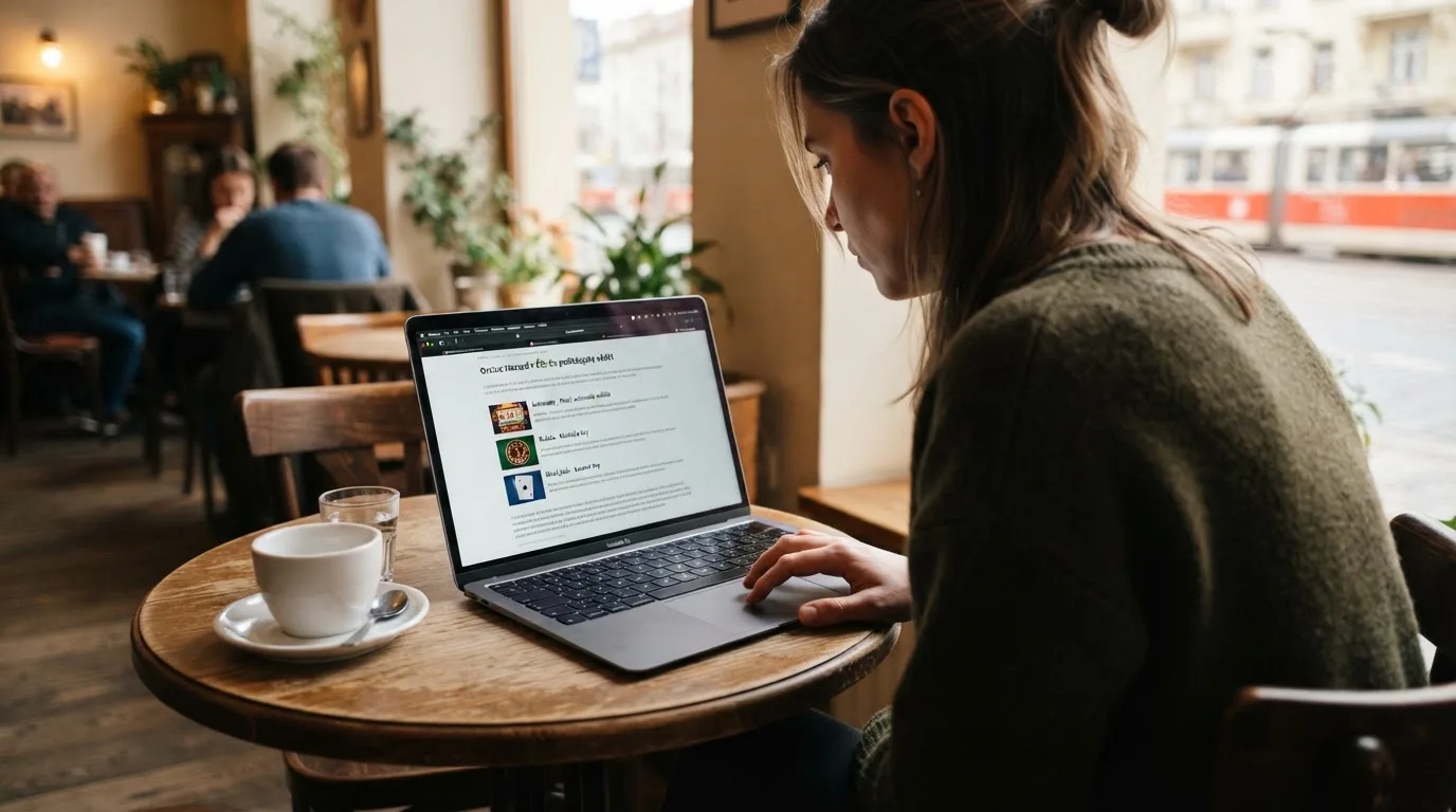 Člověk u notebooku čte informační stránku o online hazardu v Česku — nejlepší online casino CZ