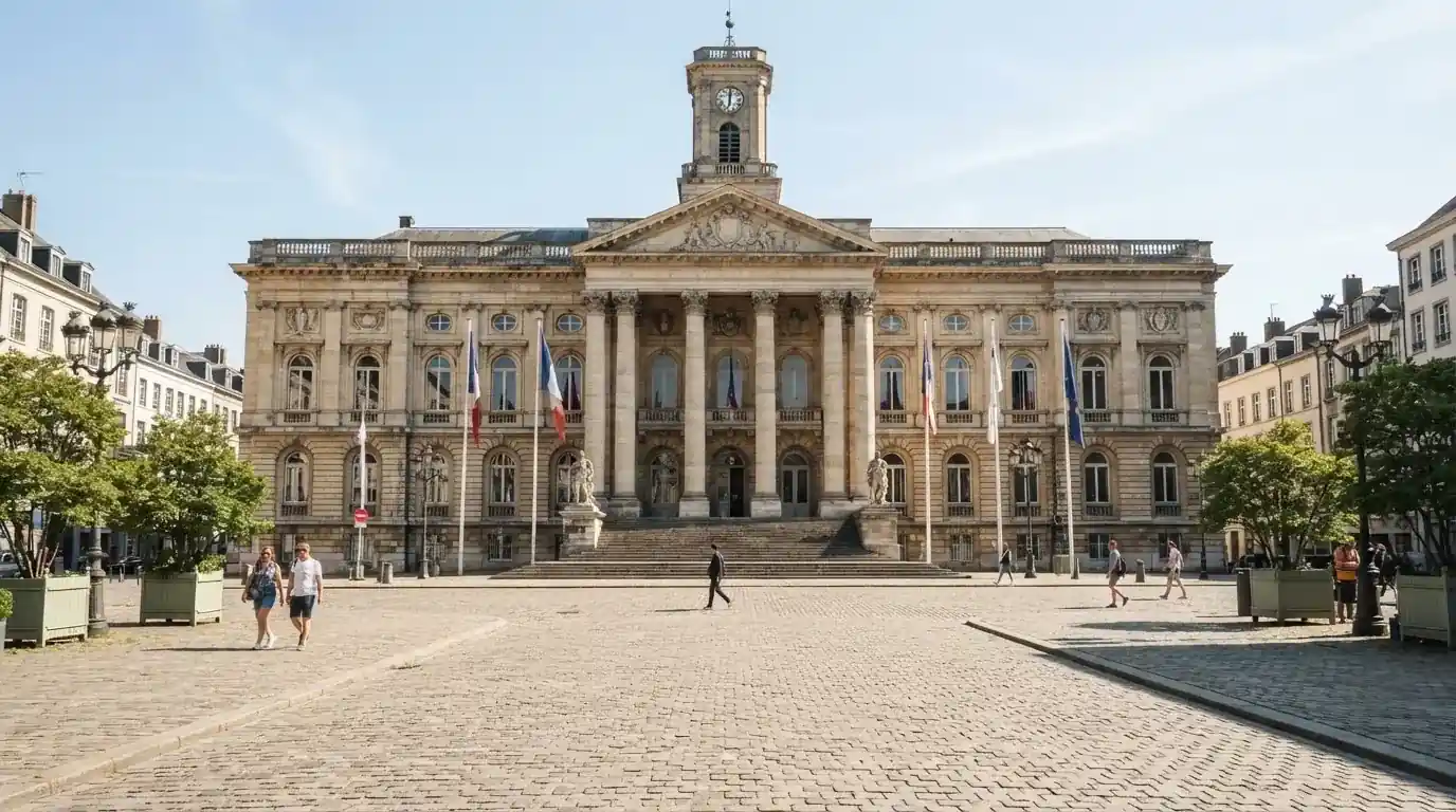 Historická úřední budova s vlajkami na slunečném náměstí — nejlepší online casino za peníze