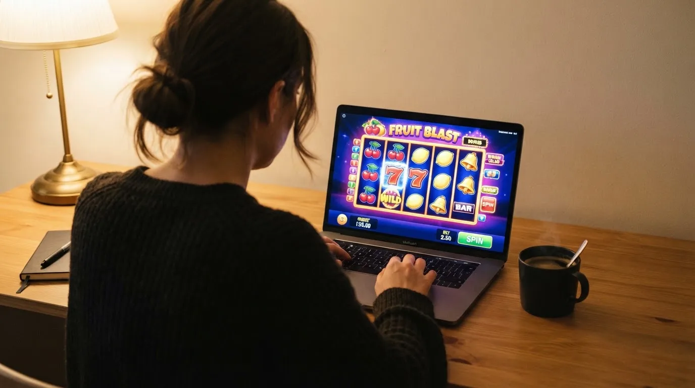 Člověk u notebooku čte informační stránku o online hazardu v Česku — nejlepší online casino za peníze