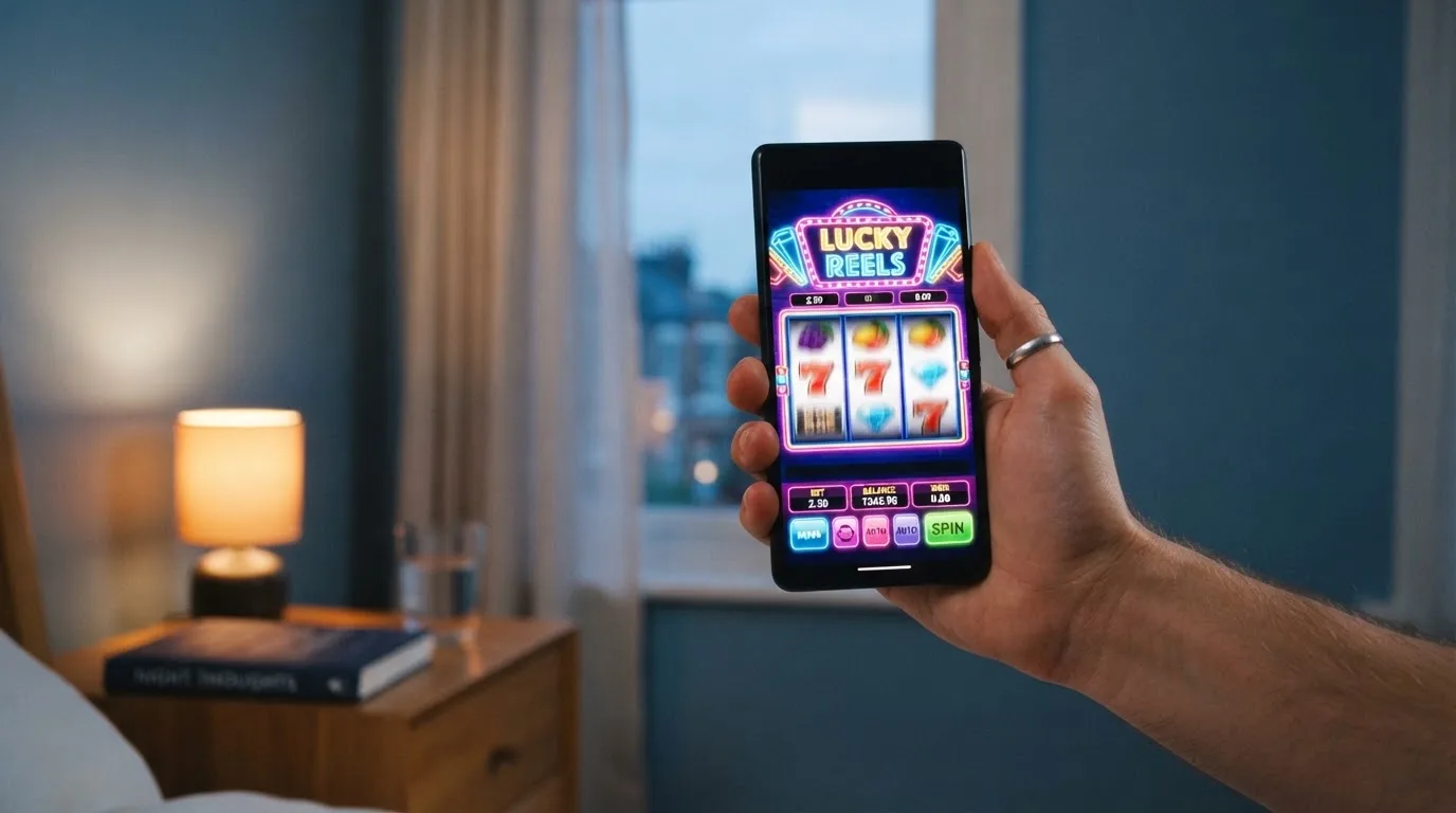 Ruka drží chytrý telefon u okna, klidné večerní světlo — rychlá výplata casino